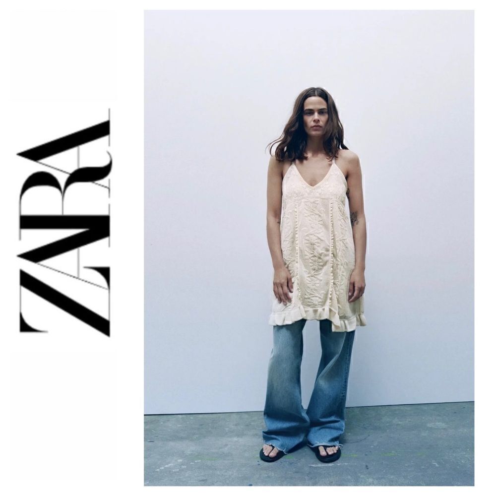 NWT Zara Combination Knit V-Neck Flounced Hem Mini Dress in Ecru, Size Small